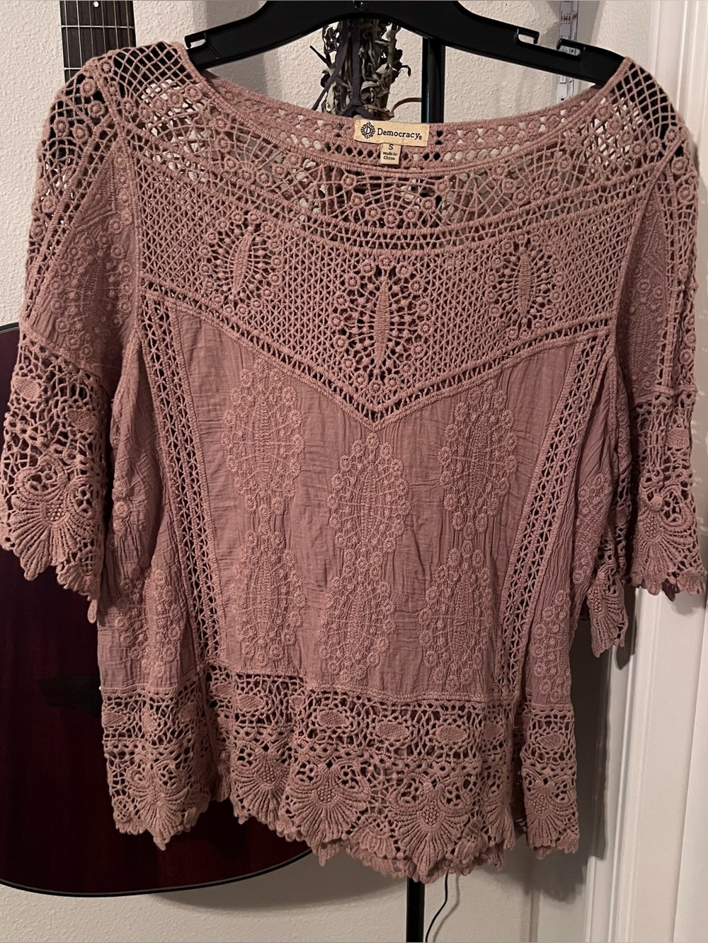 Democracy Crochet Lace Brown Short Sleeve Tunic